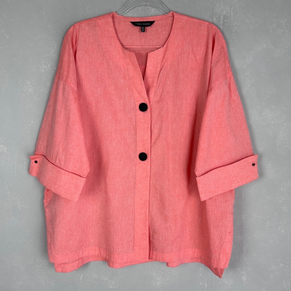 Ming Wang size XL light jacket orange linen cotton two button half sleeve
